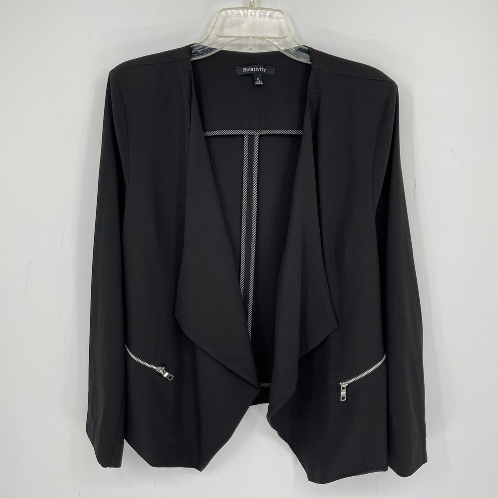 Relativity Women's Black Stretch Open Front Zipper Pocket Blazer Jacket Size XL